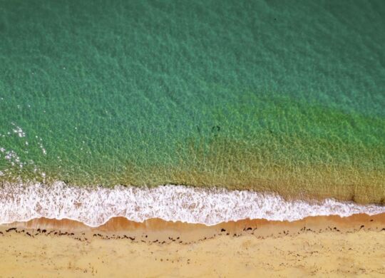 Waves lapping against a beach